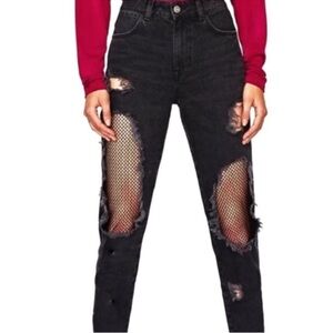 Zara Y2K 90s  Rise Black Distressed Fishnet Wide Leg Frayed Cuff Moto Jeans